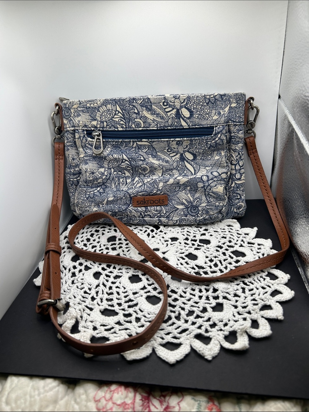 Sakroots Navy Floral Canvas Crossbody with Brown Strap